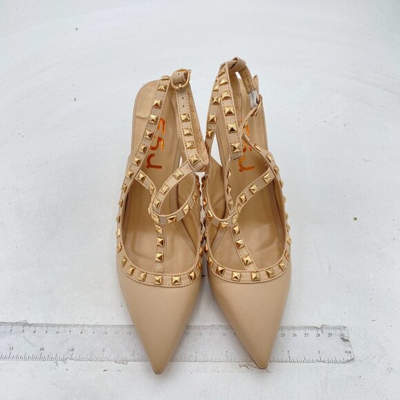 FSJ Nude Dazzling High Heels Sandals Ankle Buckle Rivet Studded T-Strap Shoes - Picture 2 of 7